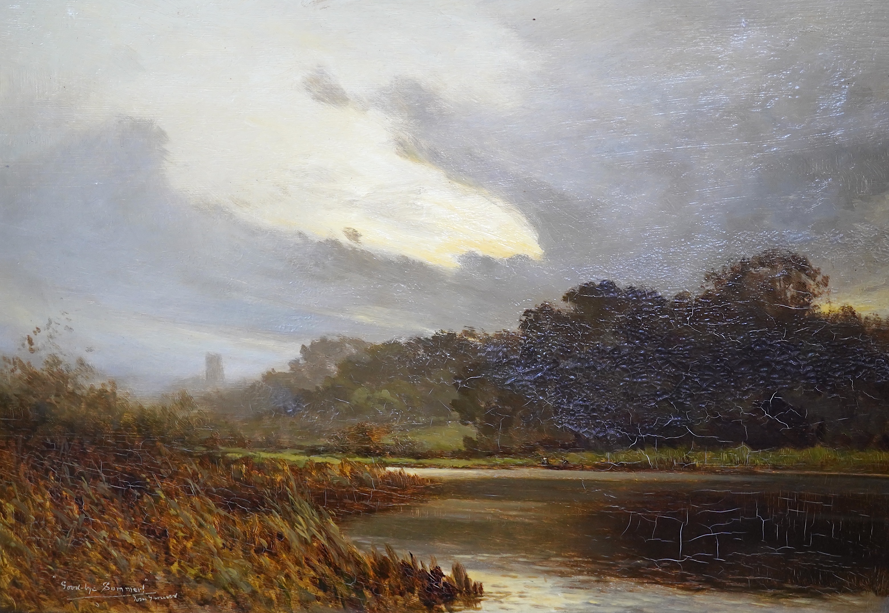 Tom Garwood, oil on board, riverscape, ‘Goodbye Summer’, signed, ink inscription verso, 34 x 49cm. Condition - fair